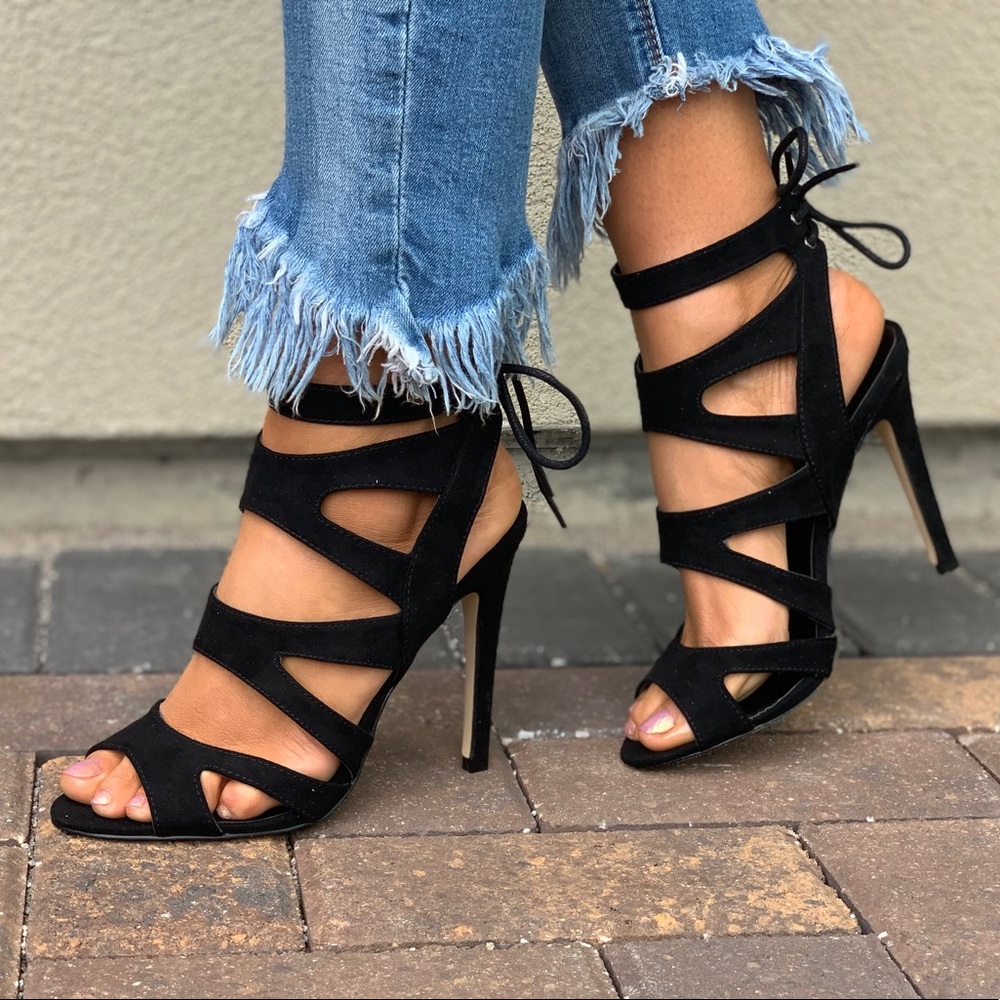 Black Strappy Caged Laced Up High Heel Sandal_8